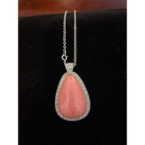 Vintage Pink Necklace Large Tear Drop Stone Pendant & Rhinestones Avon Jewelry